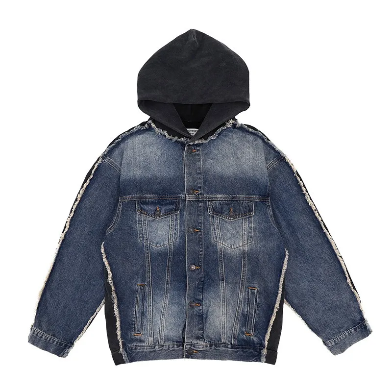 

High Street Niche Design Denim Jacket Patchwork Hoodies Coat Jackets Vintage Distressed Y2k Hip Pop Cargo Coats