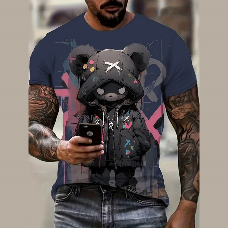 

Cartoon Cute Grid Pattern Men's T Shirt For Men Summer Cool Bear 3D Printed Short Sleeve Tops Summer Casual Loose Tee Shirts