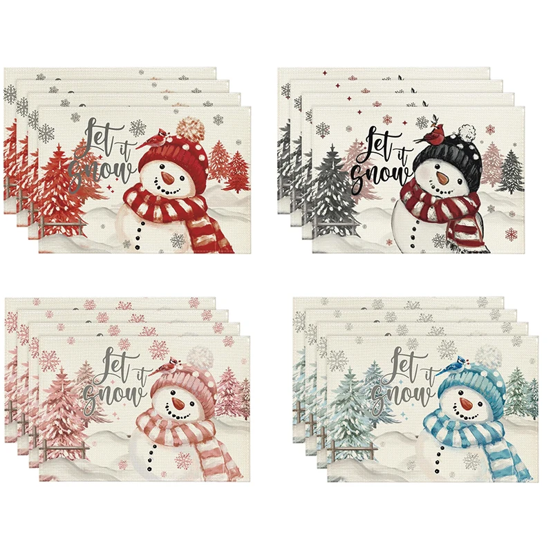 Weihnachts-Tischsets aus Leinen, Schneemann, Weihnachtsbäume, bedruckt, Tischsets, Schreibtischschutz, rutschfest und wärmeisolierend, Heimdekoration