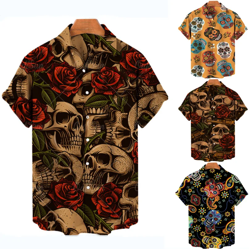 Mens Short Sleeve Shirt Hawaiian Beach Holiday Card Skull Thin Printed Casual Lapel Shirt for Men