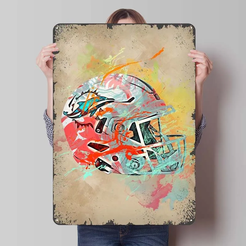 Miami Dolphins Helmet Metal Poster F1 Sports Custom Signs Room Decoration Home Decor Items Vintage Metal Plate Wall Art Mural