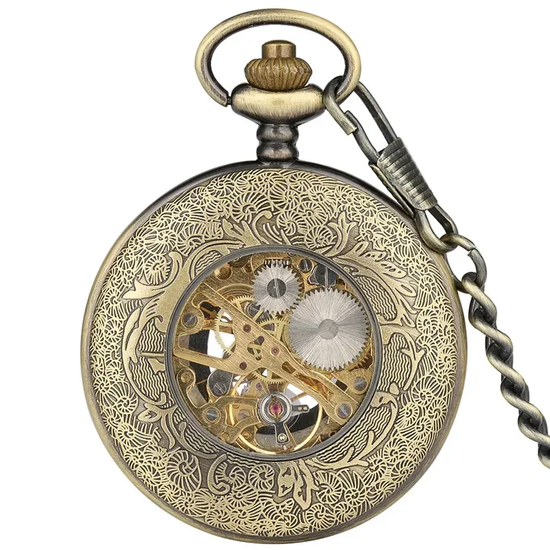 Antique Roman Number Retro Pocket Watch Unisex Handwinding Mechanical Skeleton Clock with Pendant Chain Arabic Numeral Dial Gift