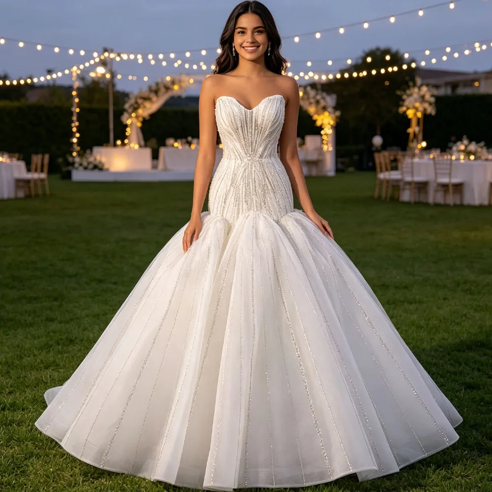 Sweetheart Wedding Dress Sleeveless Crystal Sequined Lace Up Back Vestido De Noiva Casamento