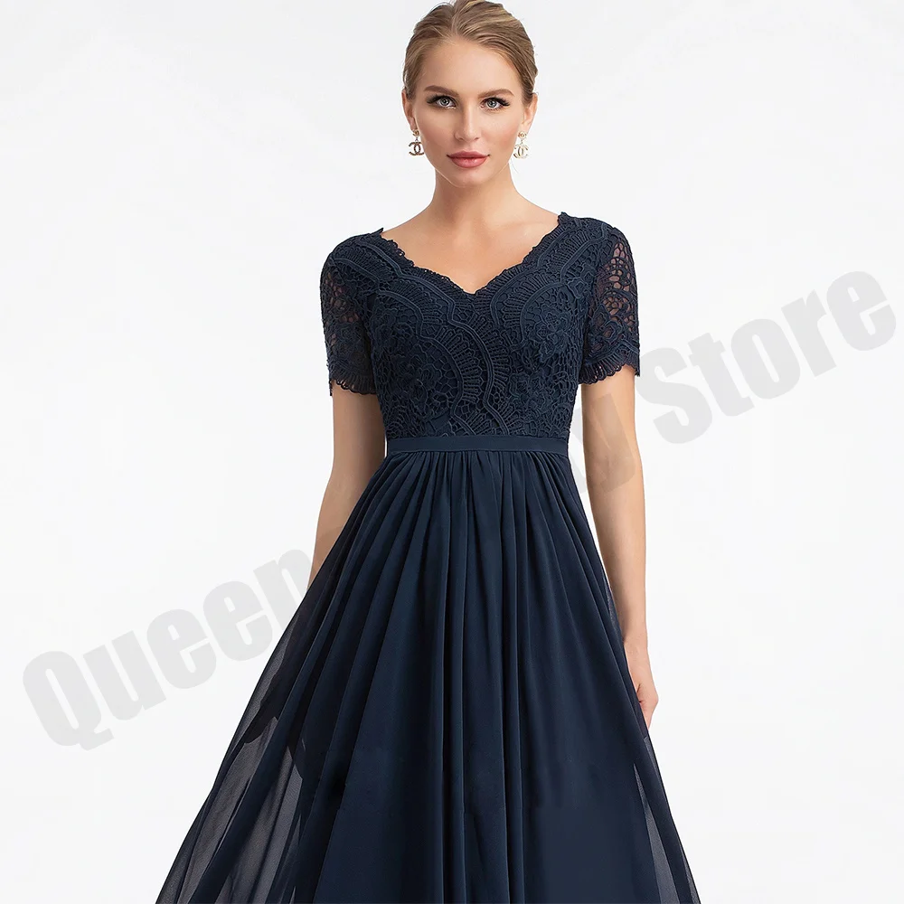 Navy Plus Size Mother of The Bride Dress Short  Sleeves V Neck Lace Chiffon Floor Length A Line Women Wedding Guest Party Gown