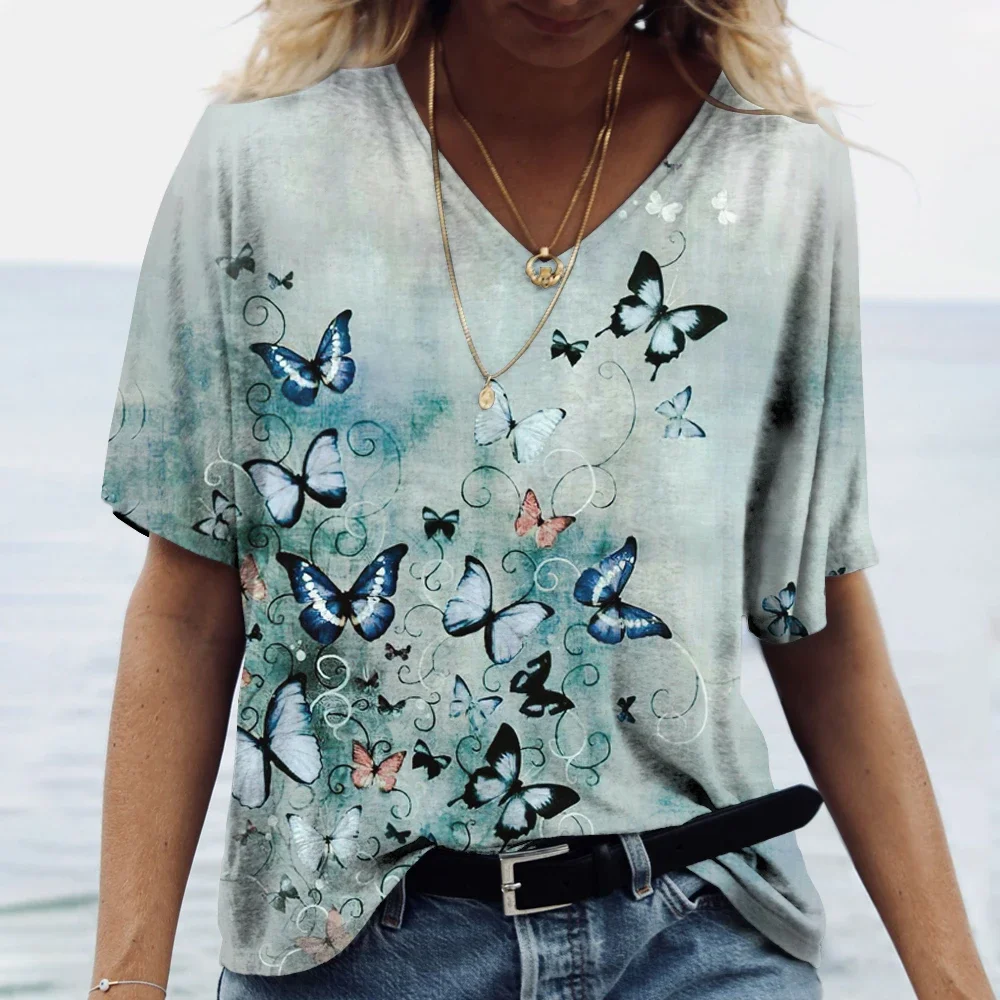 Summer butterfly pattern 3d women's short-sleeved V-neck tops large size ink painting pattern printed tops casual women's wear