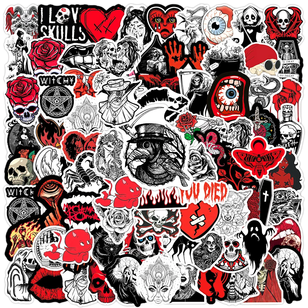 10/30/50/100pcs Cool Dark Red Gothic Mix Cartoon Stickers Horror Skull Decals Decoration Toys DIY Notebook Phone Luggage Sticker