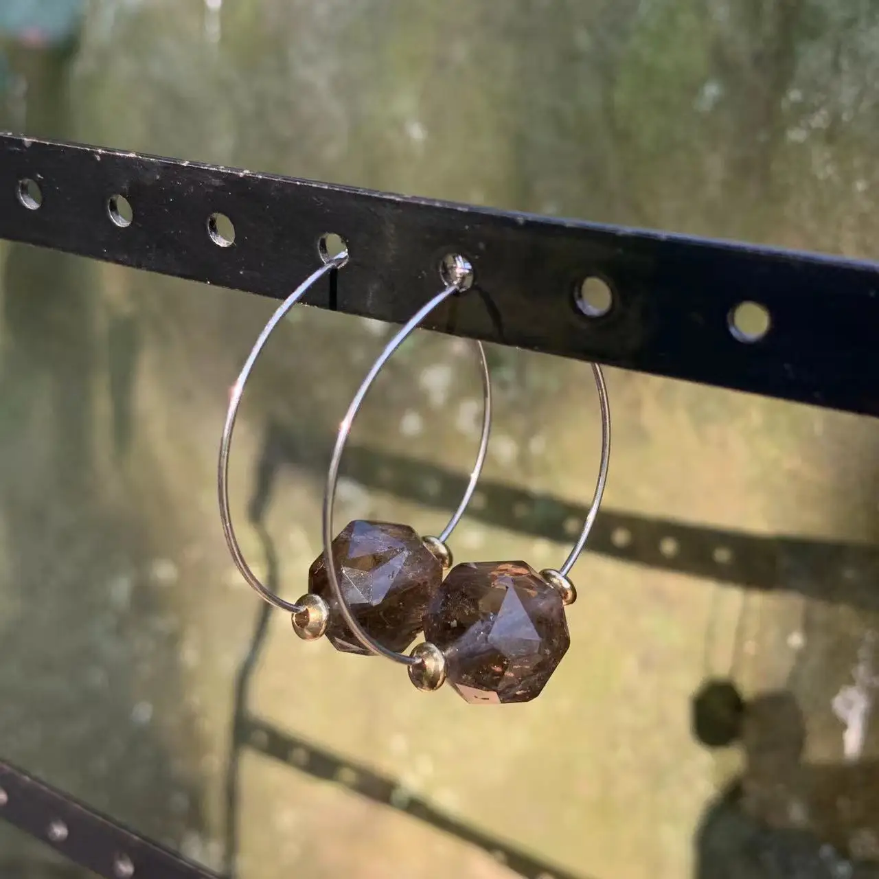 HEYYA STONE Natural Smoky Quartz Hoop Earrings Simple Classic Round Circle Gemstone Jewelry Handmade Stainless Steel