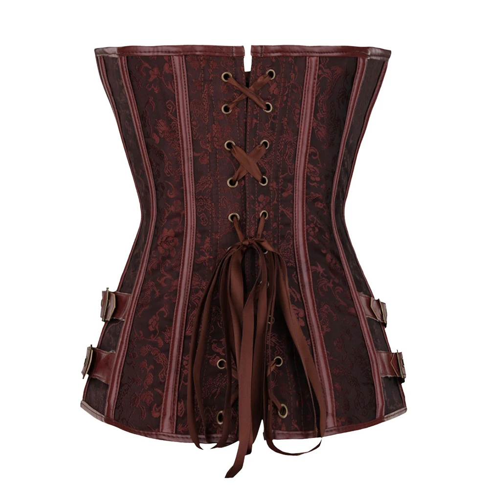 Locking Closure Steam Punk Style Women Waist Shapewear Overbust Corset Bustier With G String Black Brown