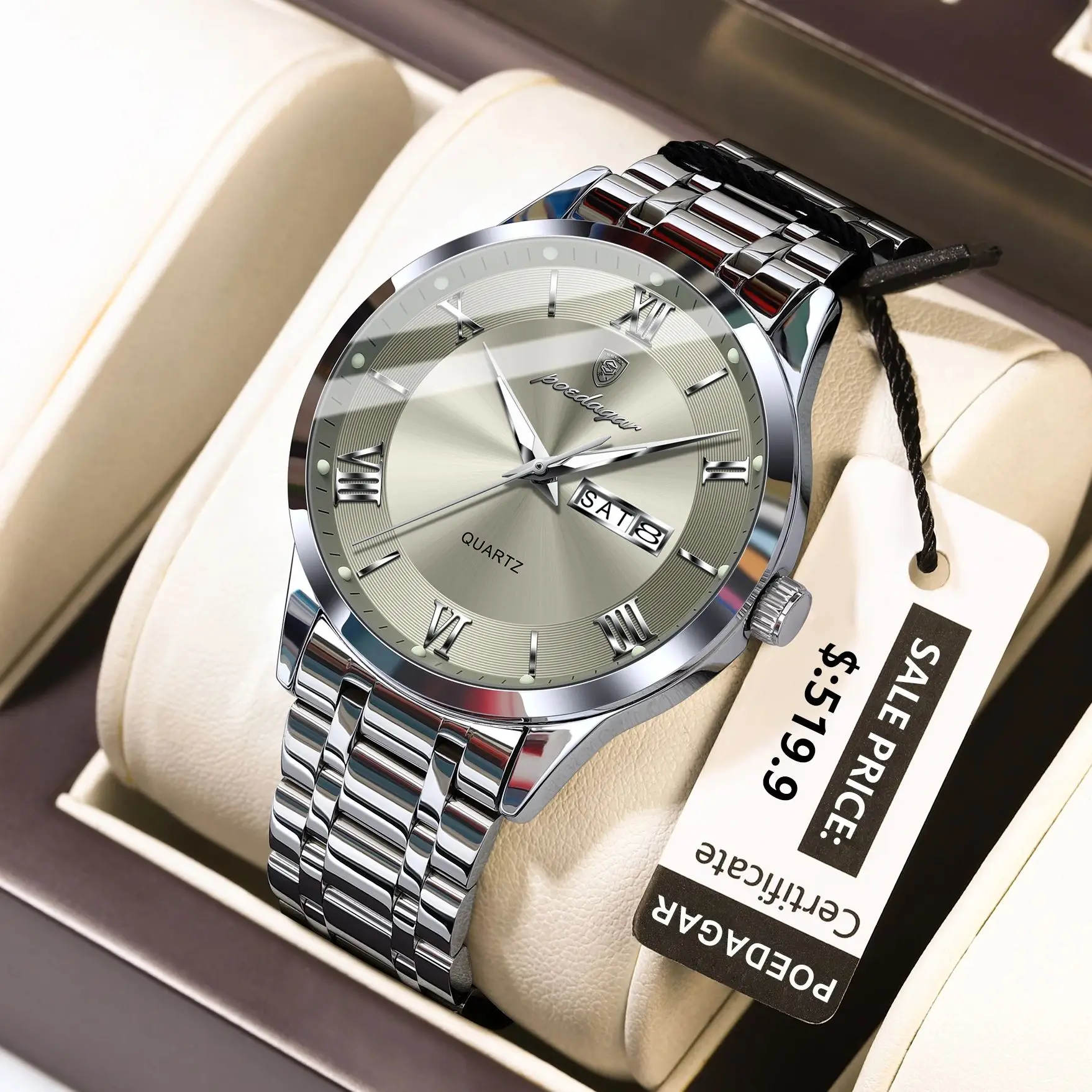 POEDAGAR Luxury Fashion Men Clock Waterproof Luminous Week Date Sports Man Wristwatch Stainless Steel Men's Quartz Watches Reloj