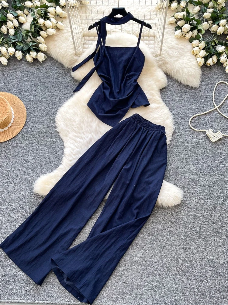 

Women's Summer Light Luxury Elegant Two Piece Set Minimalist Style Irregular Drifting Strap Vest High Waist Wide Leg Pants