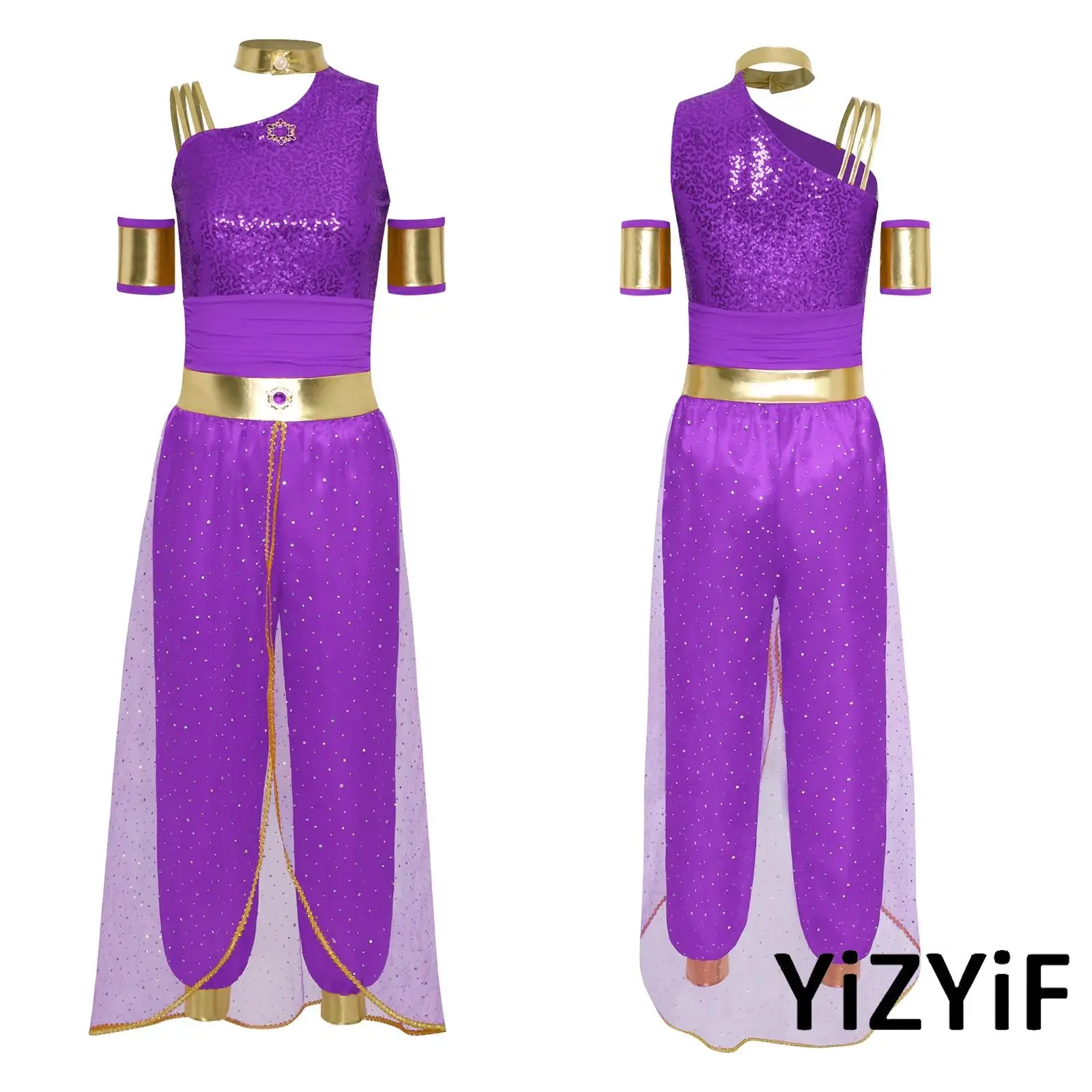 

Womens Arab Princess Cosplay Belly Dance Costume Gem Decor Contrast Color Shiny Tulle Jumpsuit with Sleeves for Halloween Party