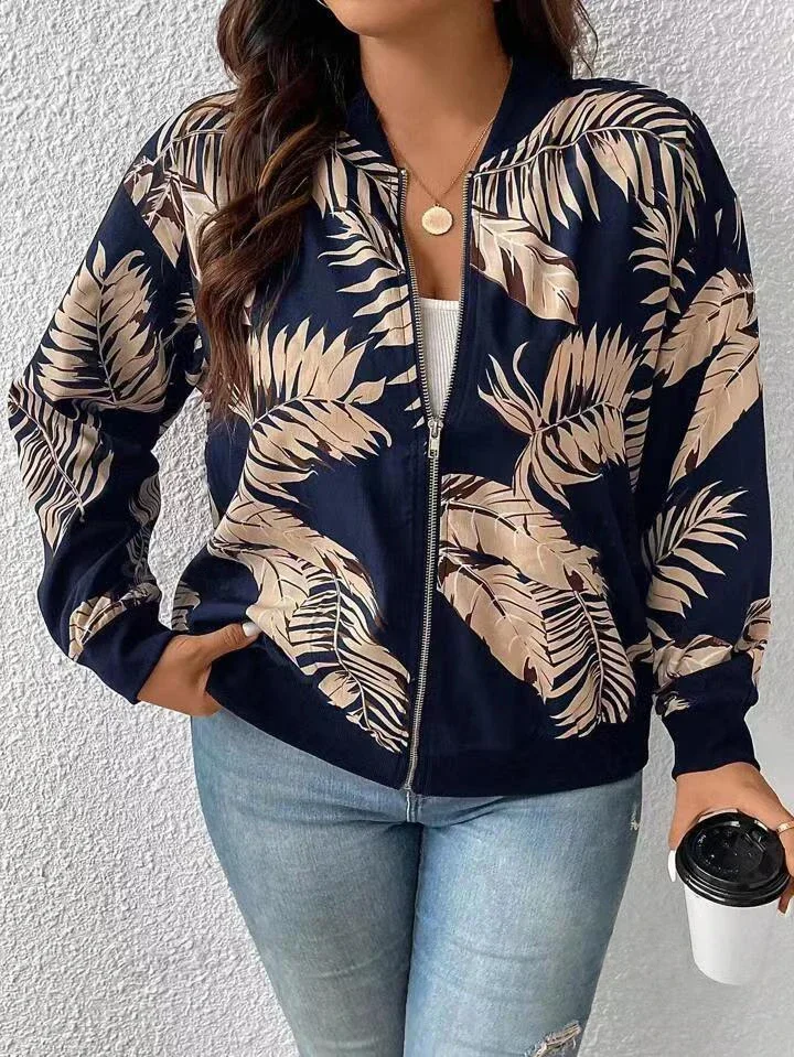 plus size Women\'s Fashion Temperament Printed Zip Jacket, Large Size Baseball Collar Zip Jacket women clothing