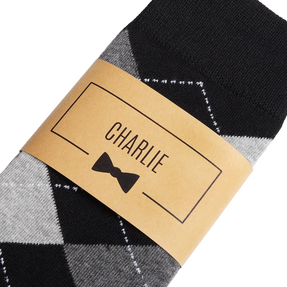 Personalized Groomsmen Socks | Black & Grey Argyle Wedding Socks  | Custom Sock Labels