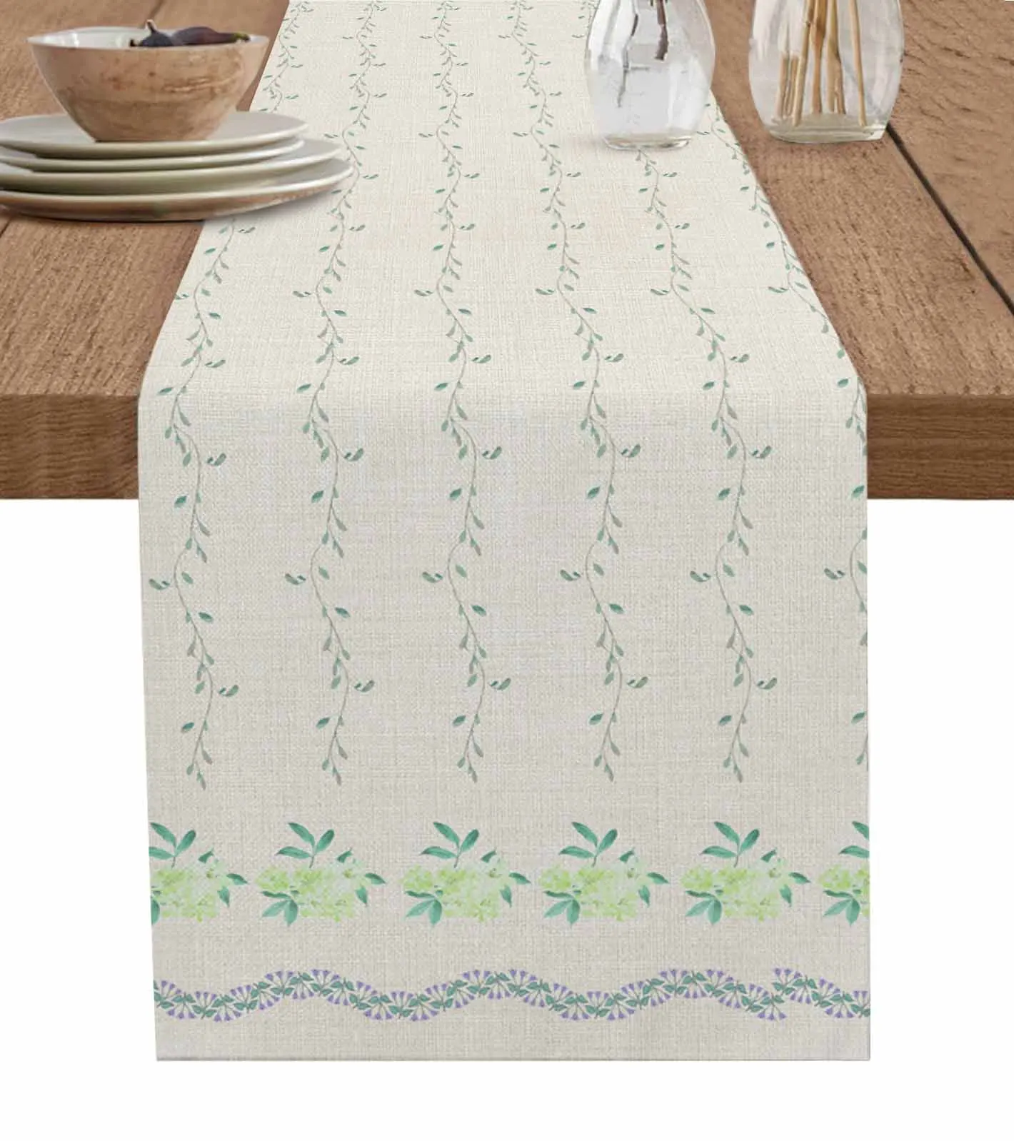 Vine Leaves Flowers Table Runner Cotton Linen Wedding Table Decor Tablecloth Kitchen Decor Table Runner