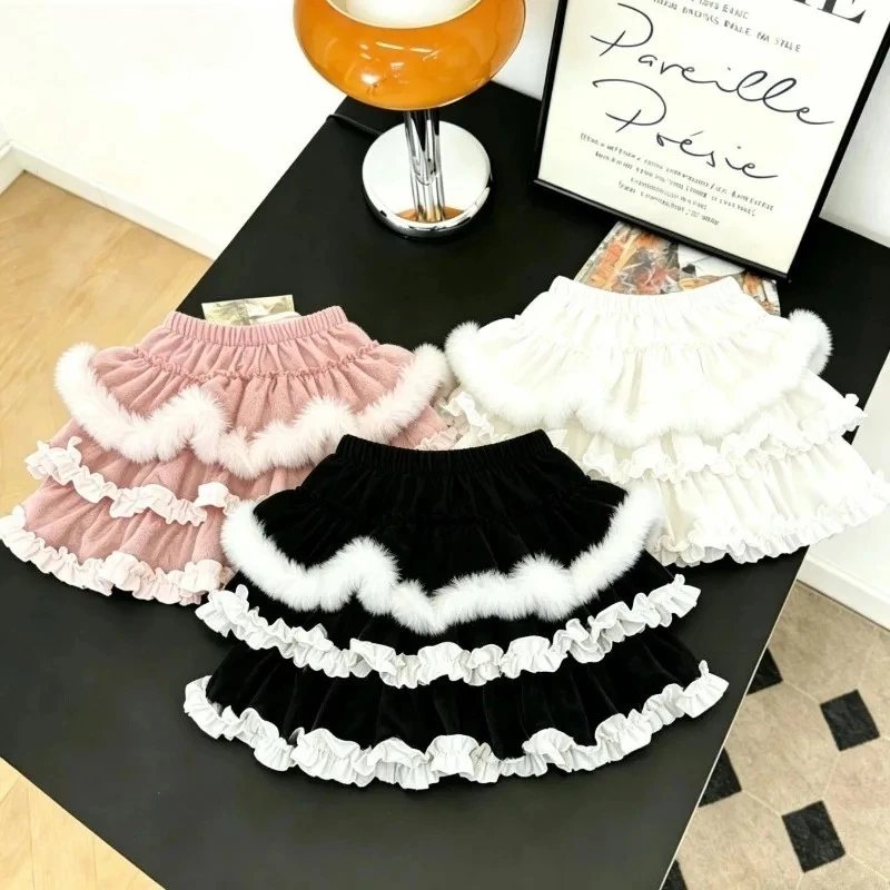 Japanese Kawaii Lolita Style Cake Skirt Women Sweet Plush Patchwork Fluffy Y2k Mini Skirts Y2k Girls Cute A-Line Short Skirts