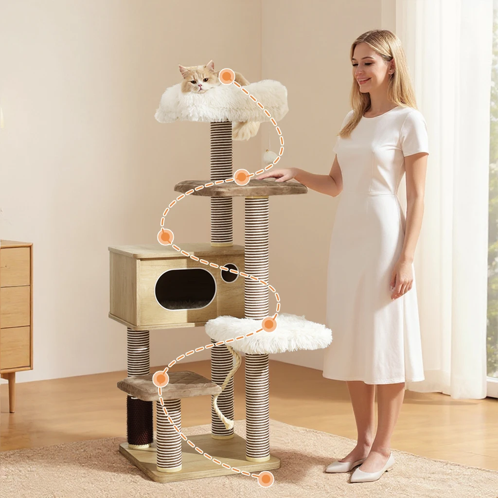 

53 Inch Cat Tree Multi-Tier Climbing Frame with Scratching Post Cozy Perch Staircase Model Large Cat Tower