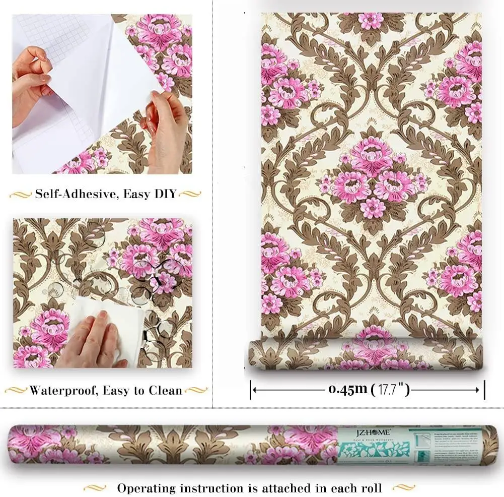 Damask Peel and Stick Wallpaper Brown/Pink/Yellow Floral Removable Self-Adhesive Contact Paper for Furniture Home Wall Decor