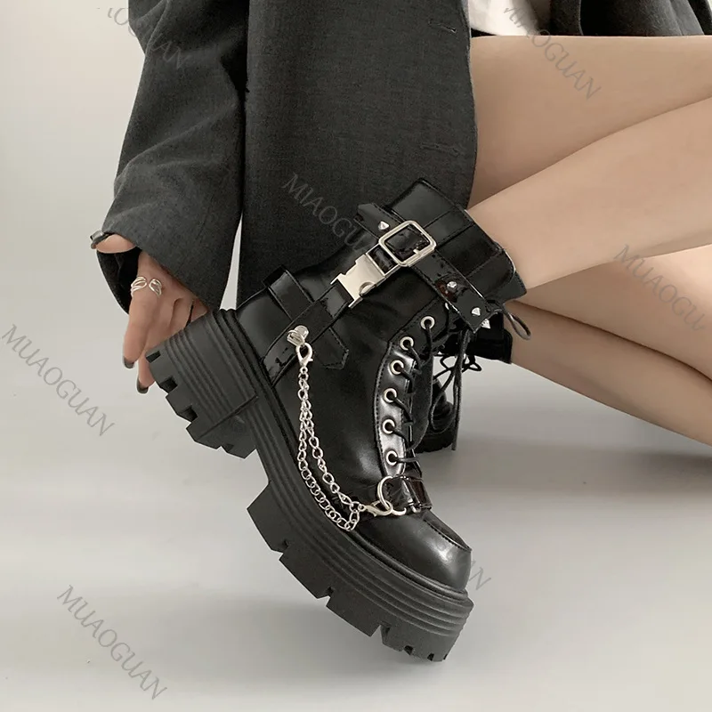 

Thick Bottom Motorcycle Short Boots Autumn Women Shoes Black Punk Style High Heels Sweet Cool Metal Round Toe Female Ankle Boots