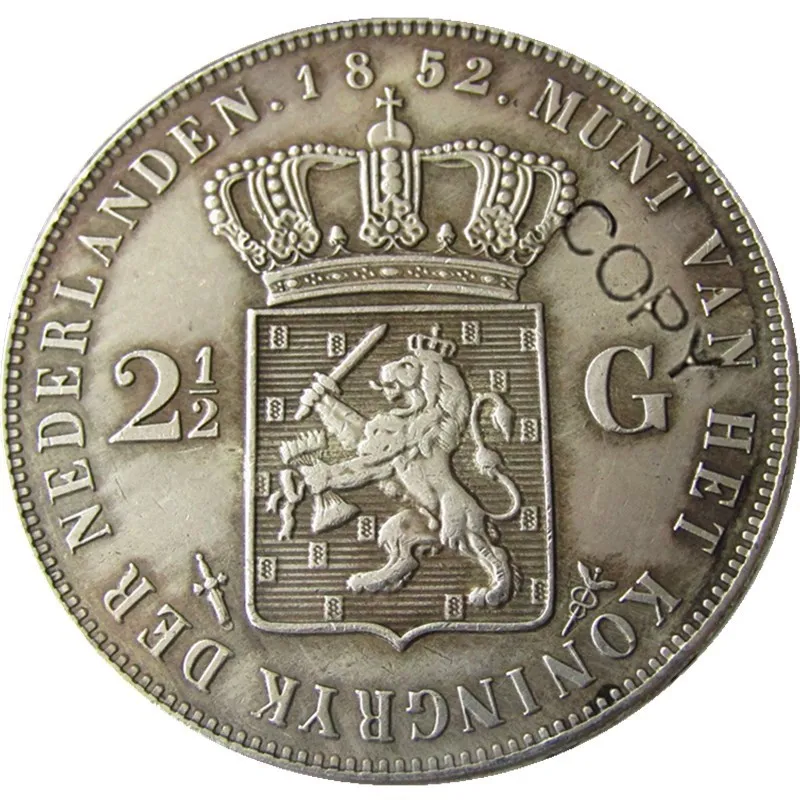 Netherlands,1852 2 1/2 Gulden Willem lll Silver Plated Copy Decorative Coin