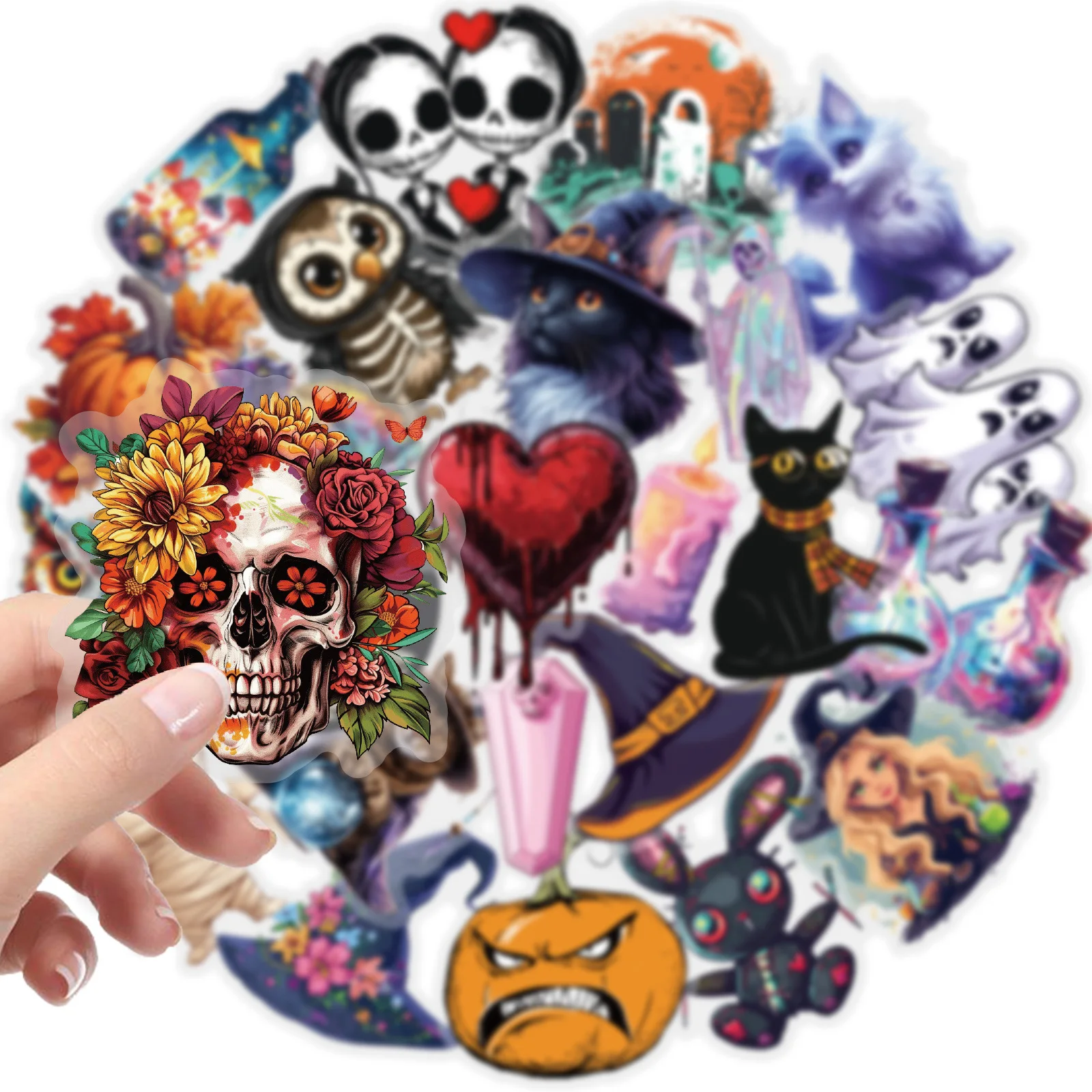50 pezzi di Halloween PET Horror estetica cartone animato decorativo scheletro di strega adesivi per laptop valigia fai da te