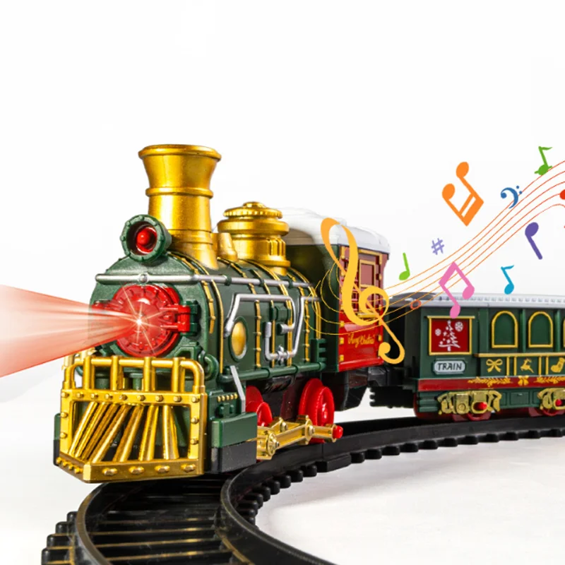 Tren eléctrico navideño pequeño con simulación de luz y sonido, modelo clásico de tren, regalo, juguetes de tren con vías para niños