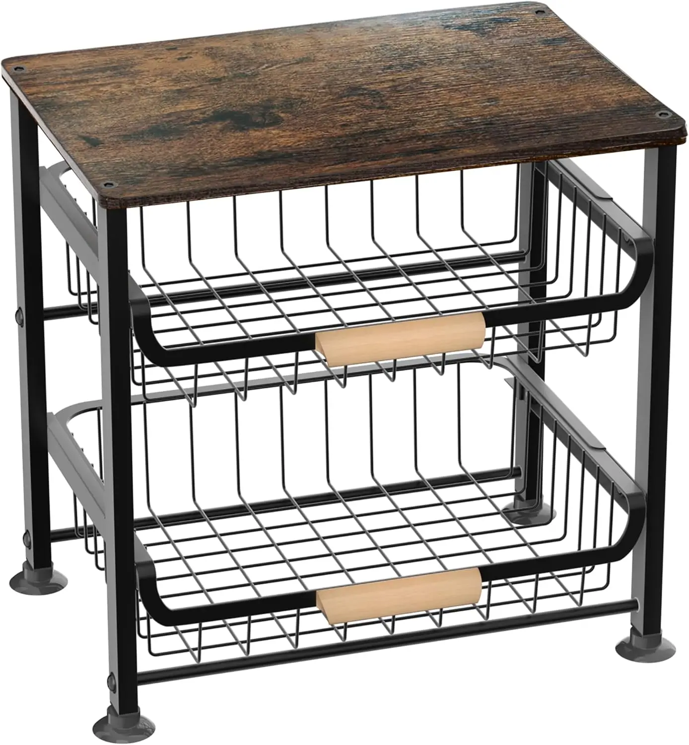 

3-Tier Pull-Out Metal Kitchen Basket with Wooden Top, Rust-Resistant Storage Organizer for Fruits and Snacks