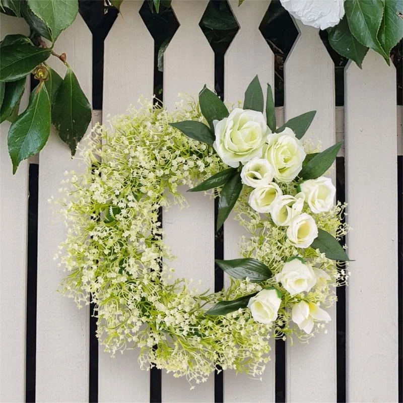 Artificial Summer Wreath White Rose Wreath for Front Door Farmhouse Garden Wedding Party Indoor and Outdoor Decorations 15UB