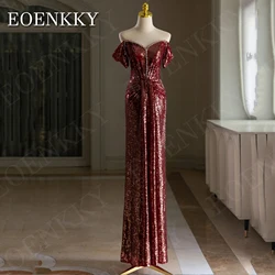 Off Shoulder Sequin Evening Dresses 2024 Long Burgundy Mermaid V Neck Floor Length Banquet Dress Luxury платье вечернее длинное