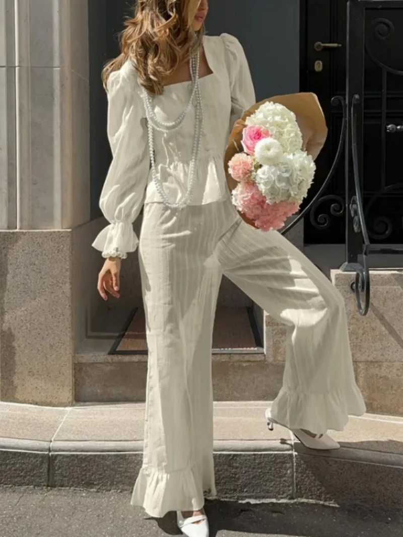 Elegant Cotton 2 Piece Sets Women Outfit Spring Clothes Women 2026 Long Sleeve Shirt Top and Pant Suit OL Style Casual Woman Set