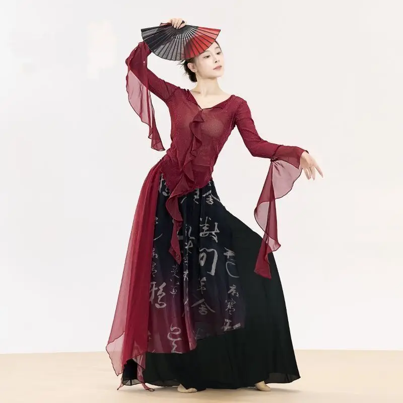 Long Sleeve T-Shirt Women's Classical Dance Costume Mesh Splice Elegant Dance Art Exam National Performance Pure Color Top