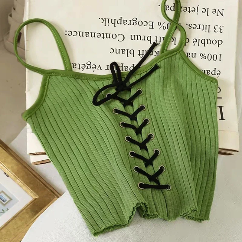 

Women Y2K Solid Crop Tops Casual Lace up Off Shoulder Tank Tops Slim Summer O-Neck Sports Knit Backless Strapless Underwear Tops