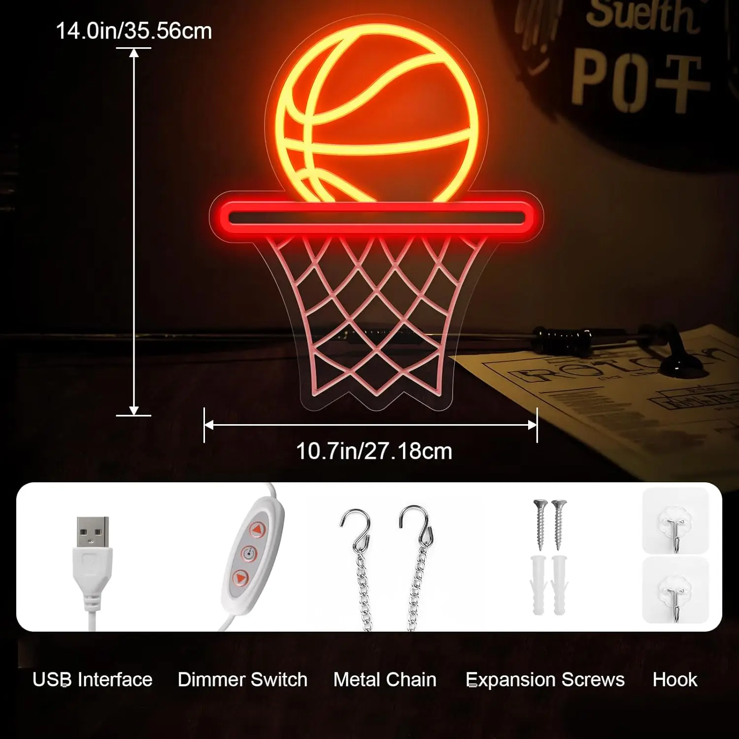 Basketball Neon Sign USB Dimmable Led Basketball Sport Neon Light for Living Room Bedroom Man Cave Home College Club Shop Decor