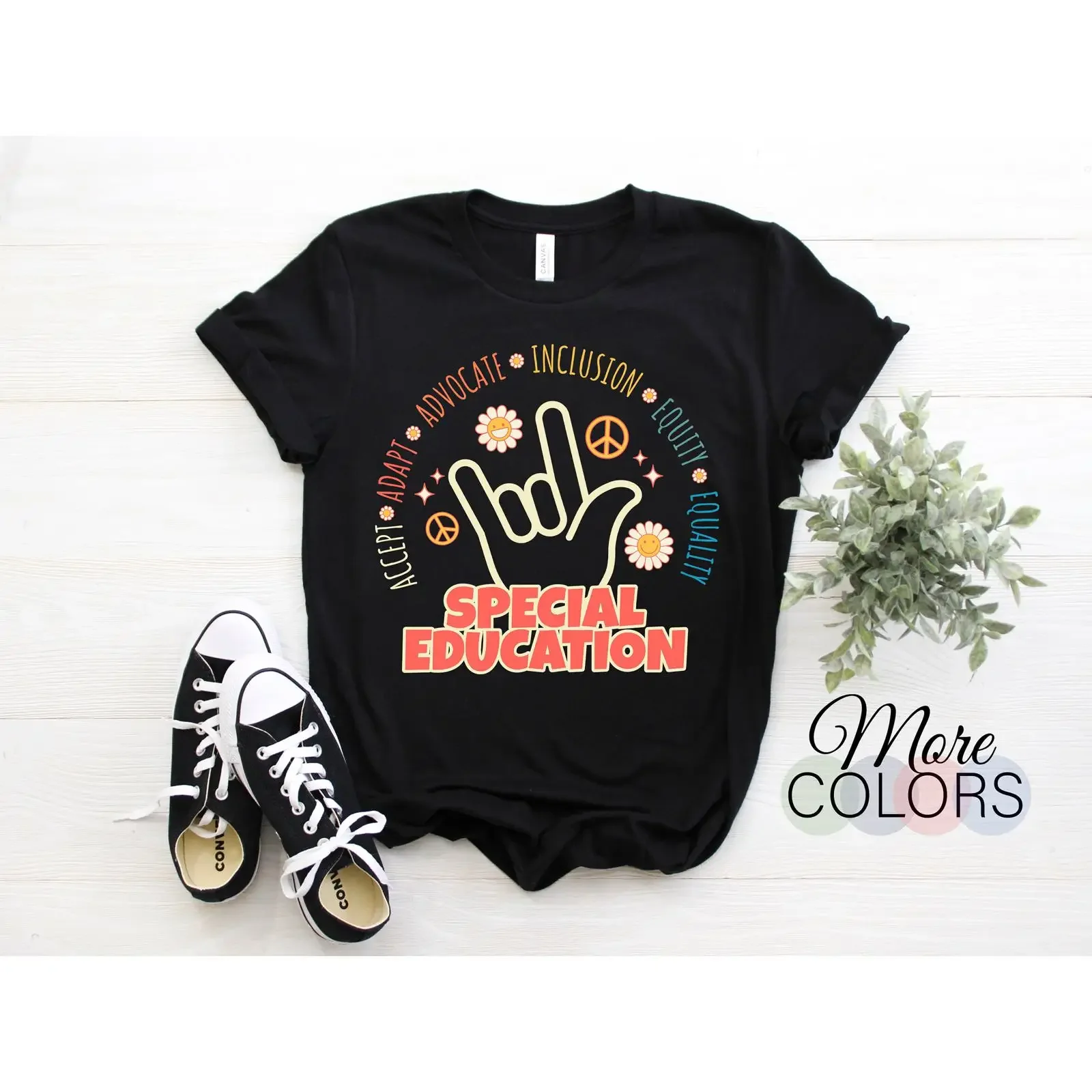Special Education Teacher T Shirt Accept Adapt Advocate Inclusion Equality Peace Sign I Love You Hand Gesture Sped Casual
