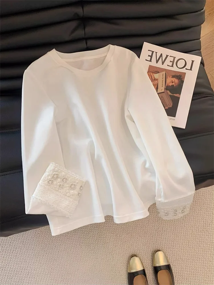

Heavy Embroidery Long Sve round Ne T-irt Lace Loose Fit Women's Faion Autumn Tops White Ele Base Layer irt