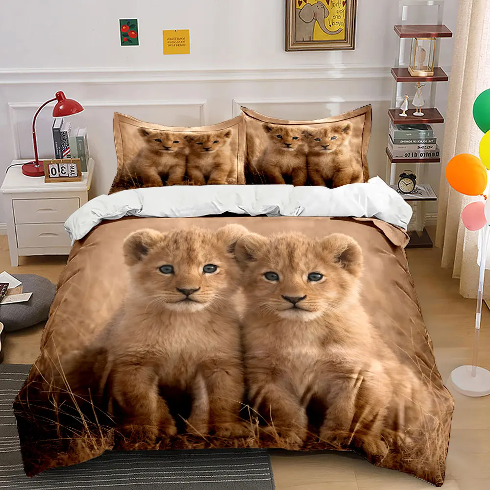 Adorable lion cubs gazing together Printed Duvet Cover Set1 Duvet Cover+2 PillowcaseMulti Size Bedroom Bedding Decor