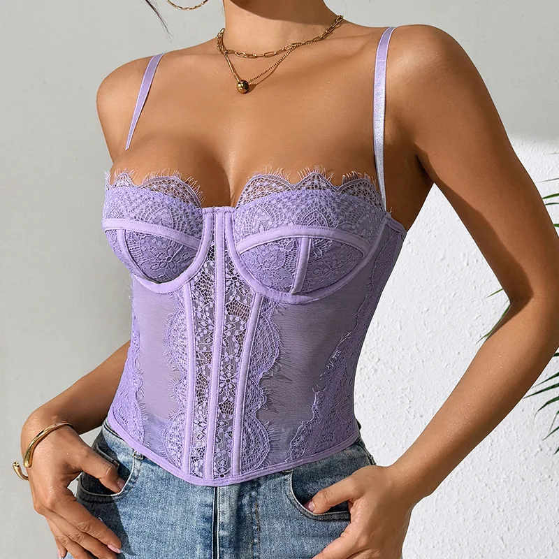 

Lace Purple Sexy Sheer Camisole Fishbone Bra Versatile Women's Clothing