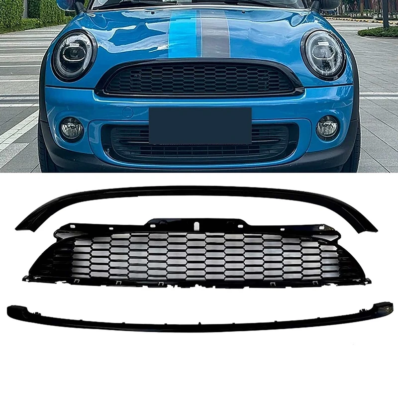 Front Honeycomb for BMW mini R55 R56 Racing Grills Cooper S & JCW Bright Black Mid-mesh Grids Upper Lower Trim Strips