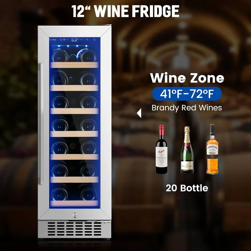 12 inch Wine Cooler Refrigerator 20 Bottles Built-in Freestanding Red Wine Refrigerator Tempered Glass Door,Low Noice Compressor