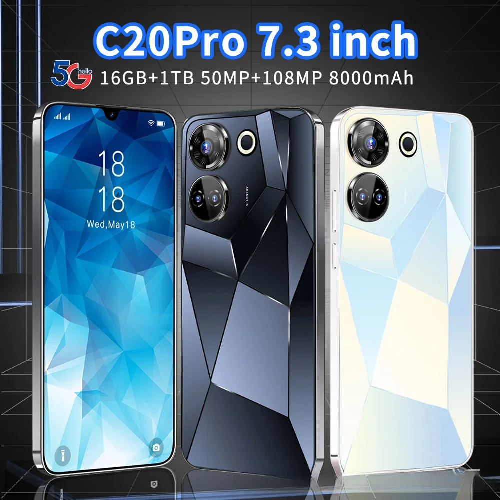 حار بيع جديد C20Pro 7.3 بوصة HD شاشة 16 + 1T أندرويد الذكية التجارة الخارجية الهاتف الذكي الهواتف الرخيصة S22 S23 الترا