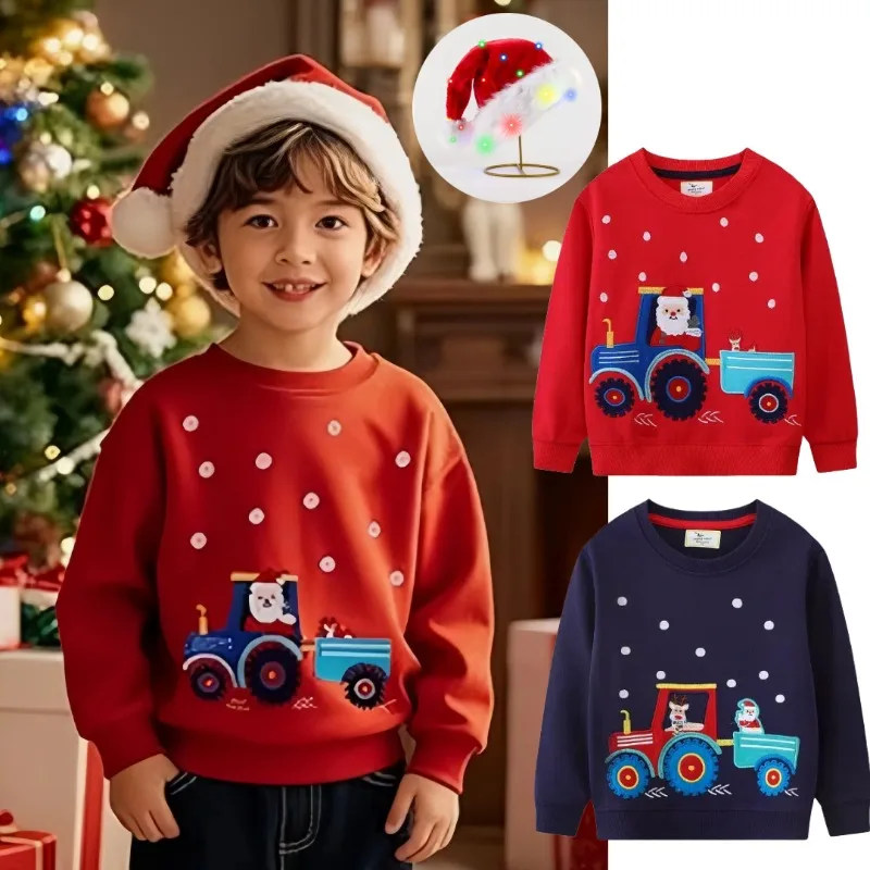 

Kids Xmas Crewneck Sweatshirt Red Top with LED Light Christmas Hat Suit for Boys Girls Daily Wear Christmas Home Party Clothing