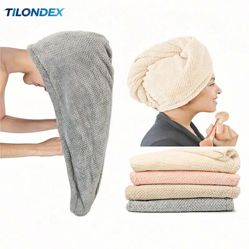 TILONDEX 1PC Striped Coral Fleece Hair Turban, Quick-Drying Hair Wrap with Button