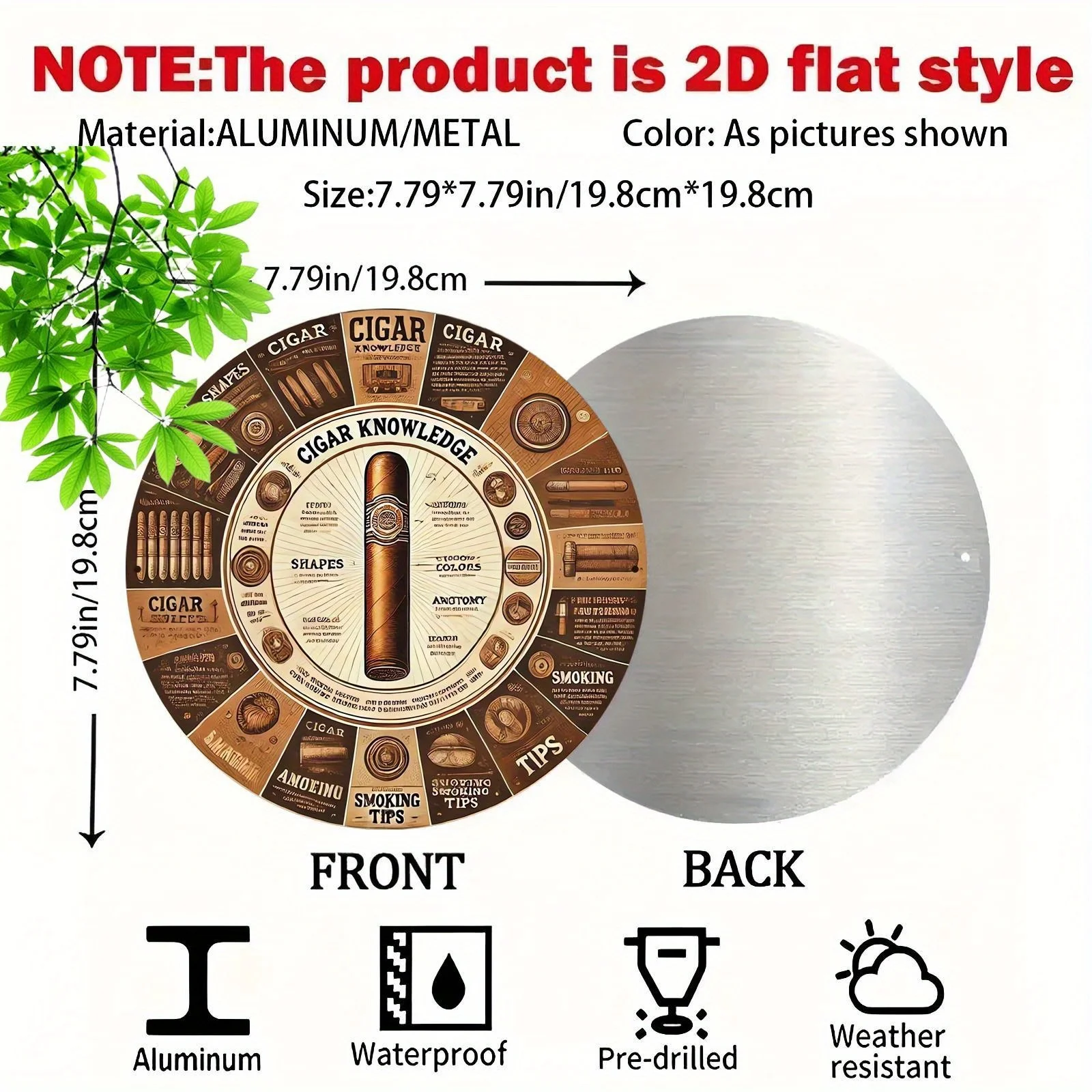 2D Flat - Vintage Cigar Knowledge Infographic Round Aluminum Wall Art Sign - Gentleman'S Club Style Decor Shapes, Wraps, and Smo view 2