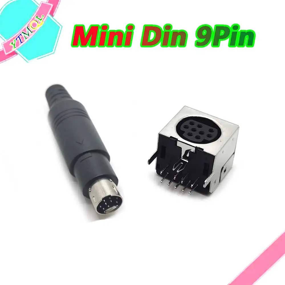 Mini Din  9 Pin Female Male Din Sockets MD-SM Shield Right Angle Through Holes PCB Circular Receptacle Connector