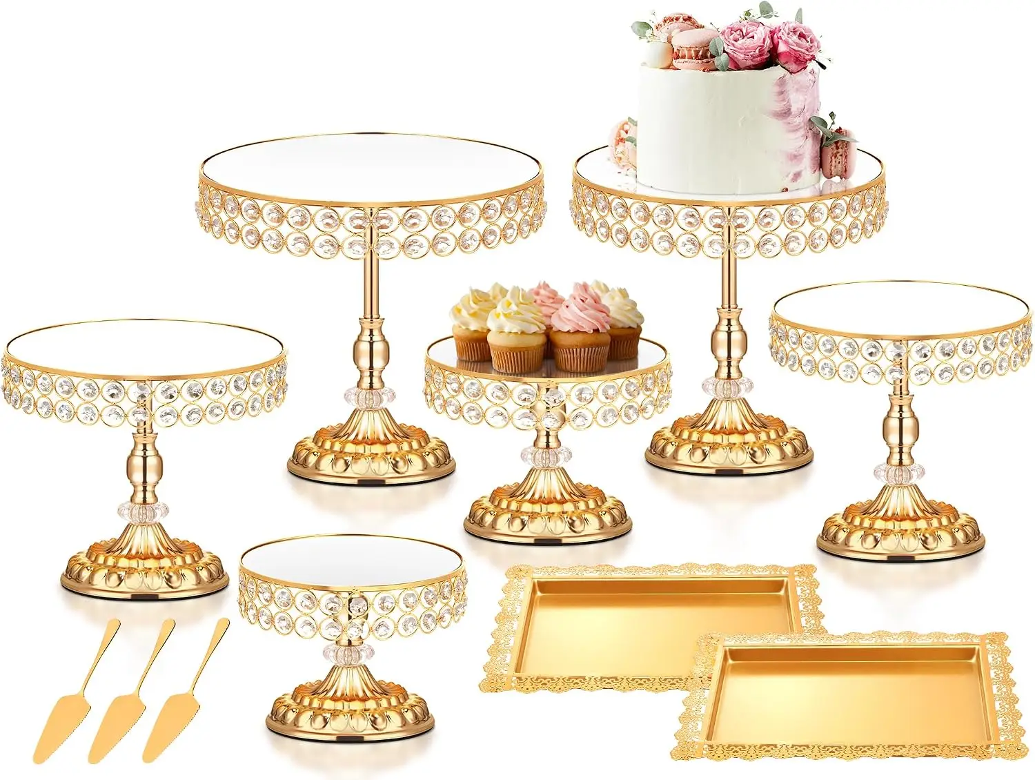 Gold Cake Stand Set of 12, Vintage Dessert Table Display Set with Crystal Edge Cake Stand and Cupcake Display Tray for Wedding, Baby Shower, Party, Anniversary Celebration