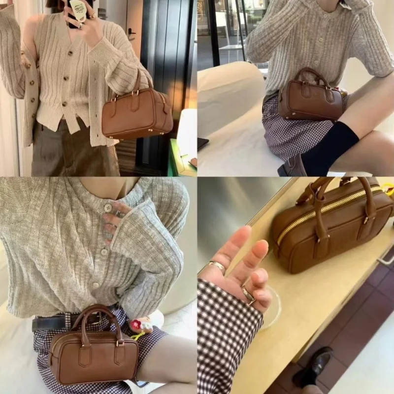 

2024 New Bowling Bags, Women's Small Boston Pillow Bag, Genuine Leather Fashion Handbag and Crossbody Bag