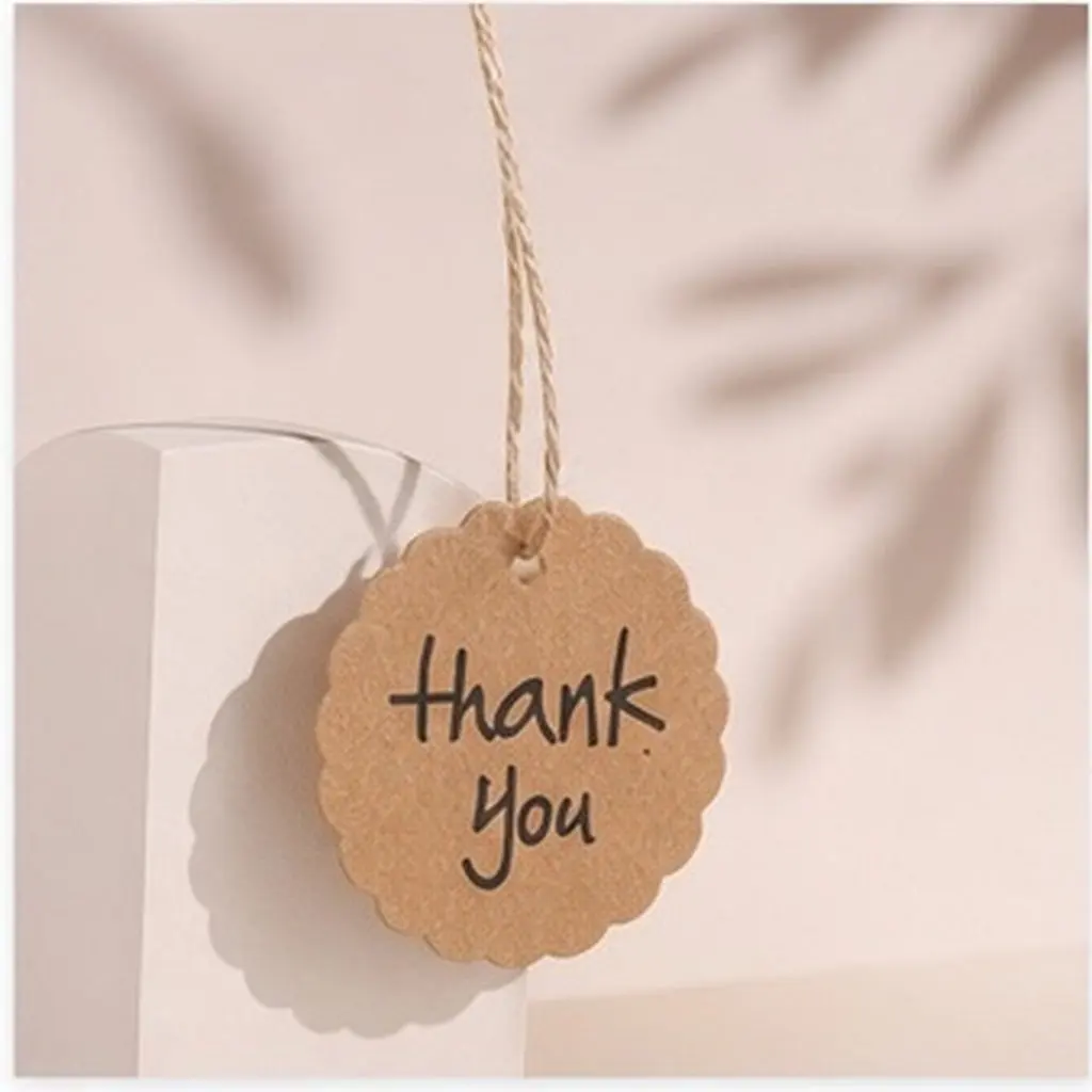100Pcs Kraft Paper Scalloped Round Gift Tags Brown 4Cm Diameter String Included Wedding Favor Thank You Labels