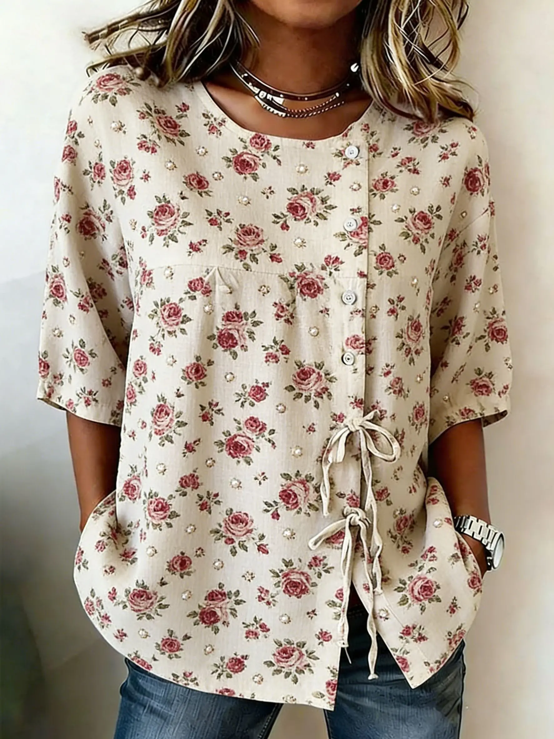 Women's Vintage Art Floral Print Drawstring Button Up Blouse, Casual Round Neck Tops for Spring Summer Daily Vacation Wear
