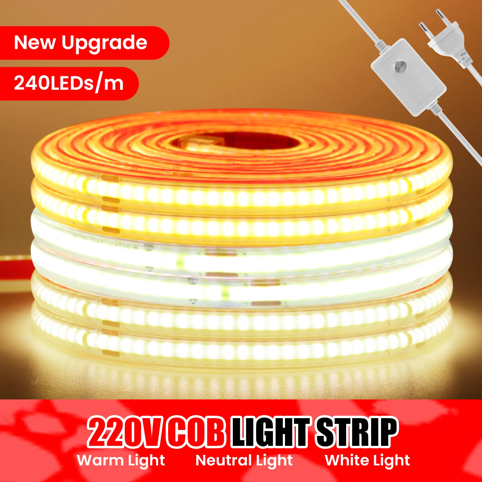 

Dimmable COB LED Strip Light with IC 10CM Cuttable 220V Flexible COB Tape Light Waterproof 240LEDs High Density Linear Light