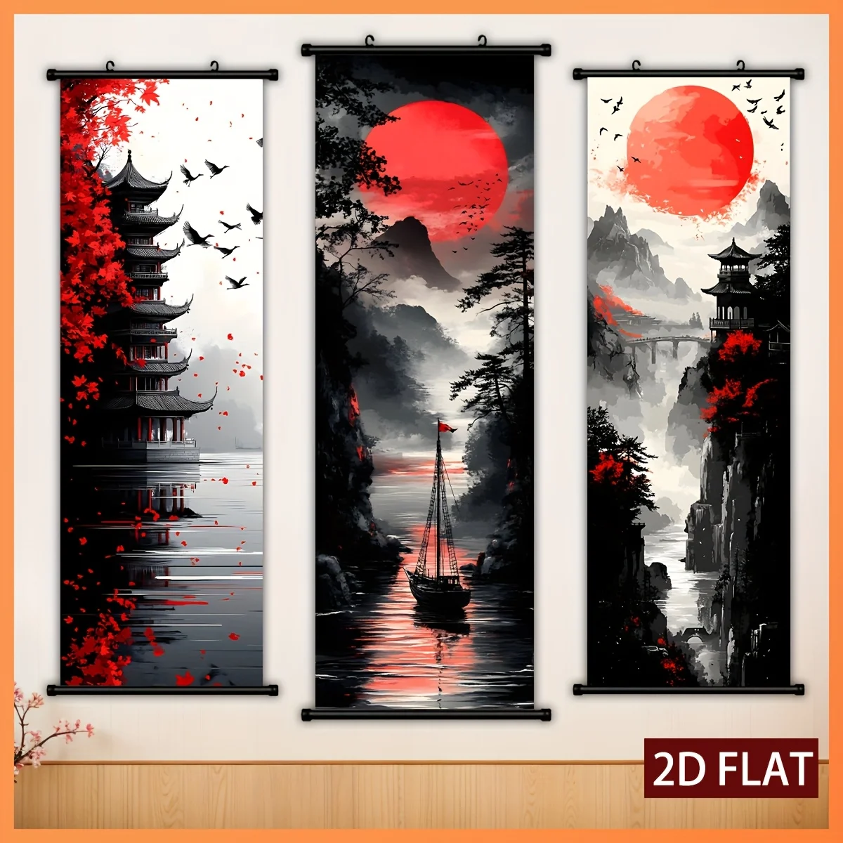 VIKAMA Chinese Red Sunset Pagoda Mountain River 3 Piece Wall Scroll Tapestry Set Sailboat Wall Art Decor for Bedroom Living Room