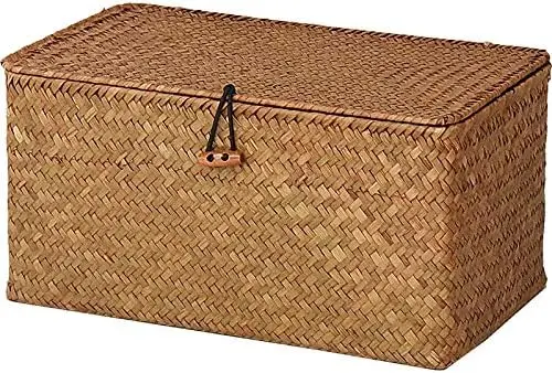 

Rectangular Handwoven Seagrass Storage Basket with Lid for Shelves and Home Organizer Bin, (M (12"x7"x6"H), Brown)